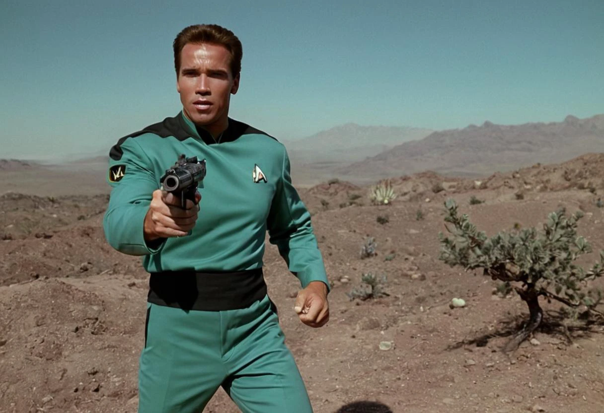 Arnold schwarzenegger Person in Star Trek TNG style wearing a tng uniform on a alien planet and firing a phaser <lora:StarTrekTNG-v7:0.5> , TV still <lora:Arnold Schwarzenegger 90s:0.8>