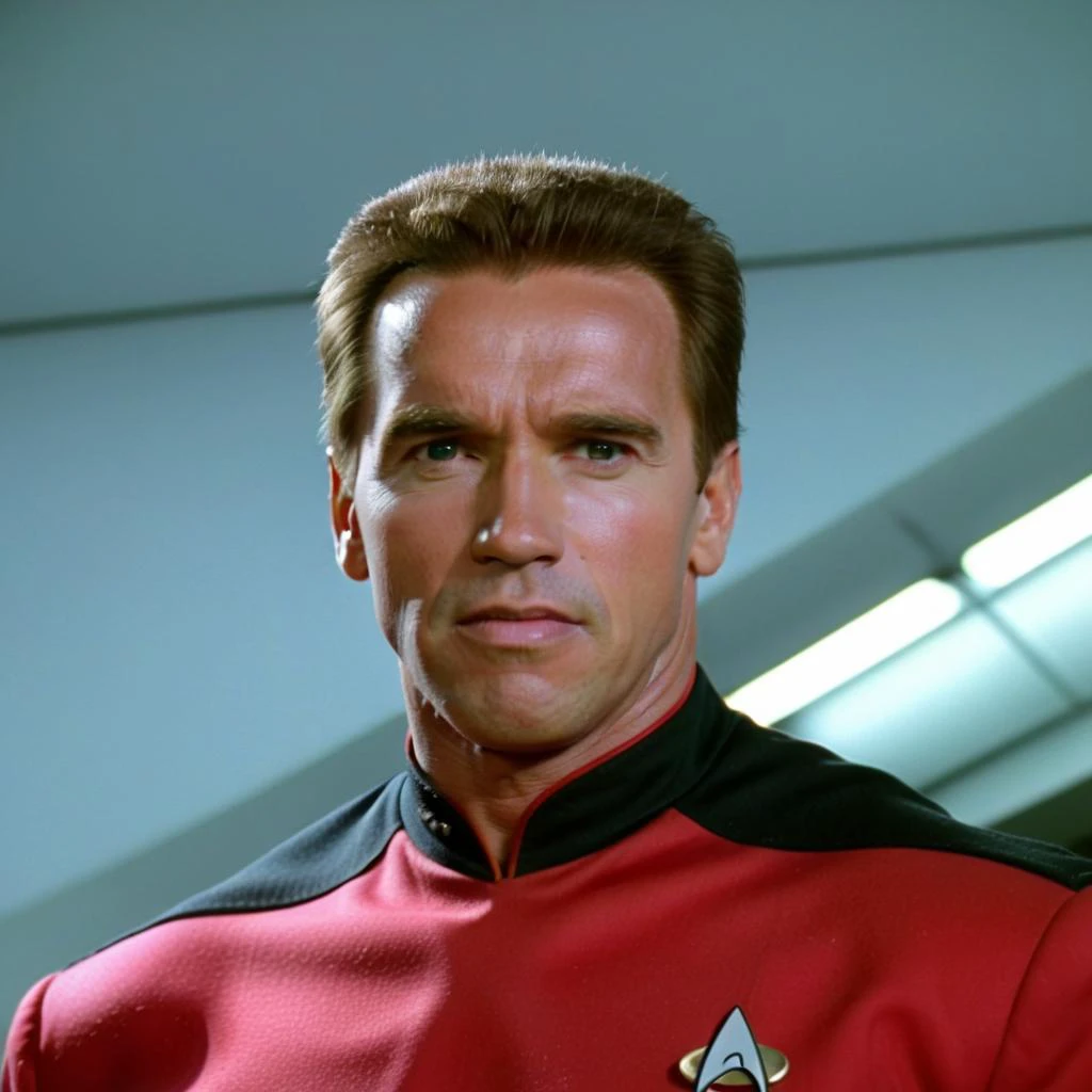 Arnold schwarzenegger Person in Star Trek TNG style wearing a red uniform on the bridge <lora:StarTrekTNG-v7:0.5> , TV still <lora:Arnold Schwarzenegger 90s:0.8>