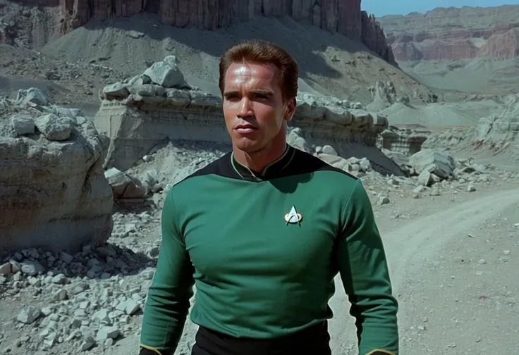 Arnold schwarzenegger Person in Star Trek TNG  style wearing a tng uniform on a alien planet <lora:StarTrekTNG-v7:0.5> , TV still <lora:Arnold Schwarzenegger 90s:0.8>