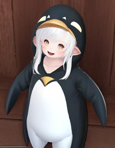 masterpiece, best quality, 1girl, white hair, golden eyes, long hair, looking at viewer, (penguin costume:1.2), <lora:lala_solo-15:1>, lalafell, <lora:ligneClaireAnime_v1:1>, happy,