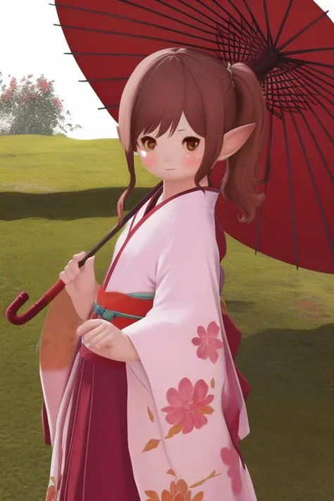 masterpiece, best quality, ultra-detailed, illustration, 1girl, brown eyes, brown hair, side ponytail, looking at viewer, lalafell, <lora:lalafell ver.1:1>, oil-paper umbrella, kimono,