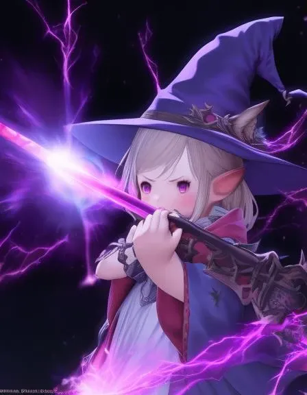 masterpiece, best quality, ultra-detailed, illustration, 1girl, witch hat, purple eyes, blonde hair, wielding a purple staff blasting purple energy, purple beam, purple effects, dragons, chaos lalafell, <lora:lalafell ver.1-3:1>, Angry_face