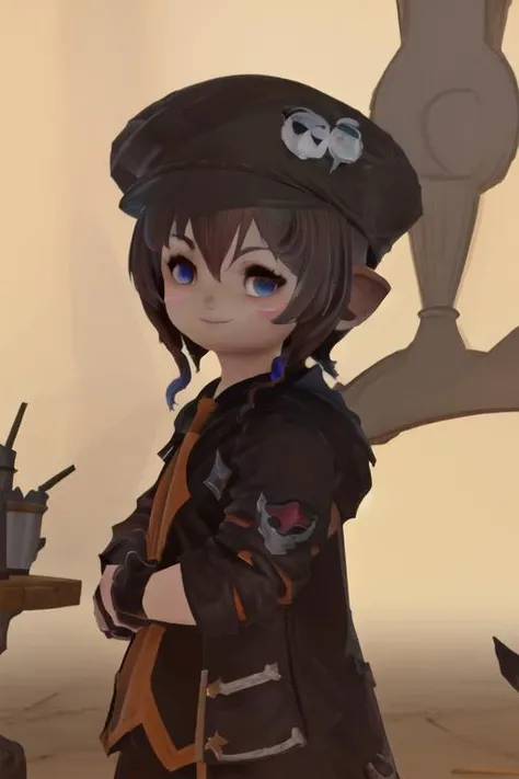 final fantasy xiv(lalafell), <lora:Keruru_V2:1.0>, side view, looking at viewer, smirking, headshot, close up, masterpiece, best quality, (absurdres:1.1), masterpiece, best quality<lora:lalafell ver.1(1.0):1>