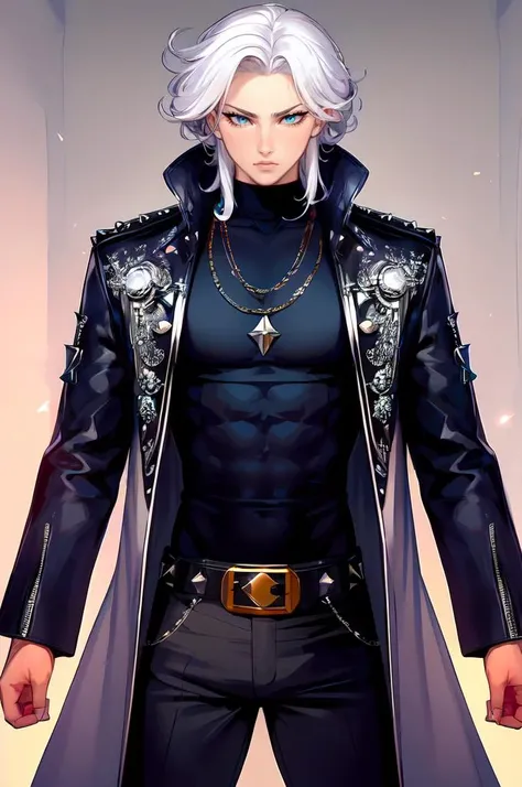 ultra detailed, masterpiece, best quality,
solo,
cowboy shot,
facing viewer,
<lora:Kittew Prywinko lora:0.75> kittwinko,
1boy, teal eyes, <lora:Tsurime3:1>, (tsurime:1.2), parted bangs, white hair, medium hair, straight hair, shoulder-length hair, male focus,
coat, shirt, pants, studded belt, multiple belts, combat boots, torn clothes, necklace,