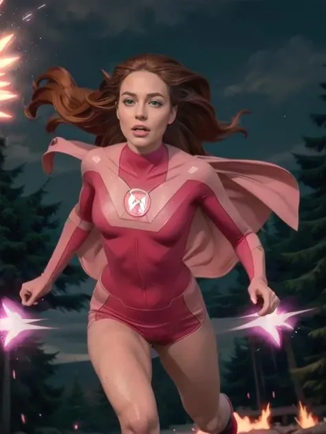 Atom Eve, cape, flying, pink energy flares propelling her (8k, RAW photo, best quality, masterpiece:1.2),ultra-detailed, (high detailed skin:1.2), 8k uhd, dslr, soft lighting, high quality, <lora:Atom_Eve_v1:0.75>