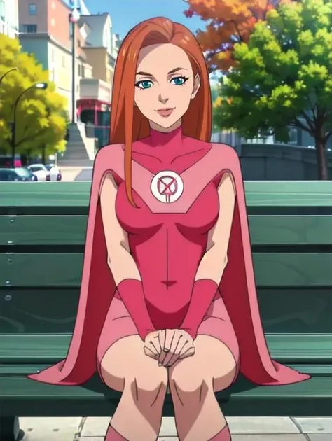 Atom Eve, smiling at viewer, cape, sitting on park bench, award winning photo (8k, RAW photo, best quality, masterpiece:1.2),ultra-detailed, (high detailed skin:1.2), 8k uhd, dslr, soft lighting, high quality, <lora:Atom_Eve_v1:0.75>
