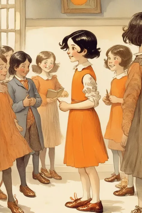<lora:Randolph Caldecott Style:1>Randolph Caldecott Style - a girl of 8 years, black hair, orange dress, brown shoes, eyes shining with curiosity, in school, hang out with friends, bright and courageous, brave, bright smile, in style of Randolph Caldecott book illustration