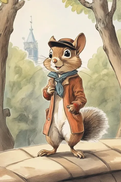<lora:Randolph Caldecott Style:1>Randolph Caldecott Style - vast view of dense woodland in the background, a squirrel in a fashionable fedora and bomber jacket, reminiscent of Chip from Chip 'n Dale Rescue Rangers, looking at the audience, Beatrix Potter hand drawn style