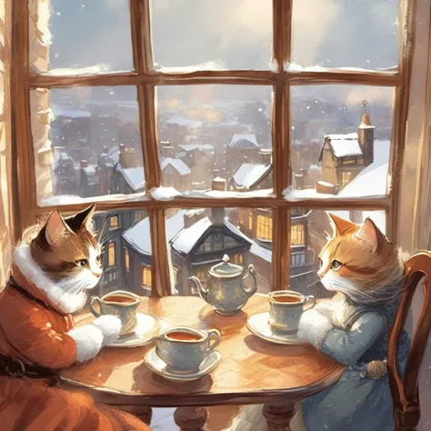 ((cute)), ((cozy)), Randolph Caldecott Style - 2 cats sitting at a table, looking out a very long window at a snowy city outside of a (big window:1.2), snow wind outside, victorian buildings. hairy potter illustration, fantasy art, cozy children's book illustration <lora:Randolph Caldecott Style:1>