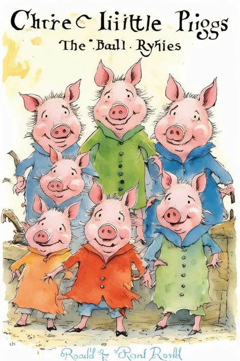 <lora:Randolph Caldecott Style:1>Randolph Caldecott Style - three little pigs story title page in the style of Quentin Blake, the illustrator in revolting rhymes by Roald Dahl. A4 size