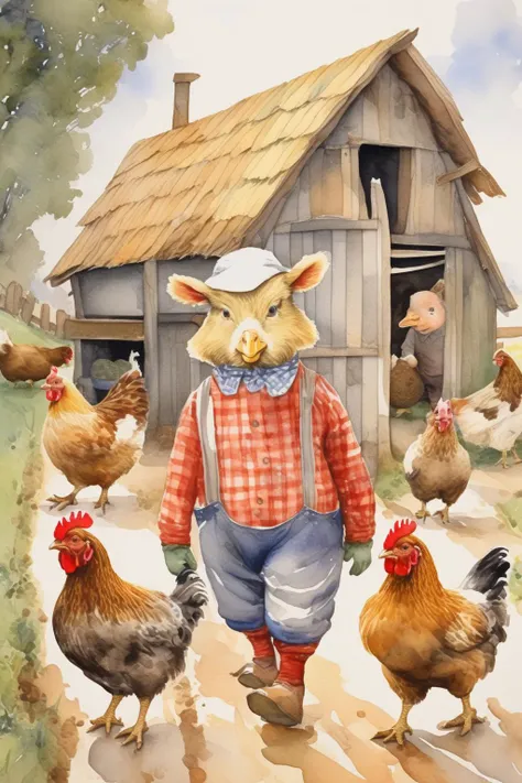 <lora:Randolph Caldecott Style:1>Randolph Caldecott Style - watercolour of walking bears who are dressed as farmers. They are by a chicken coup with chickens and eggs and a cow.