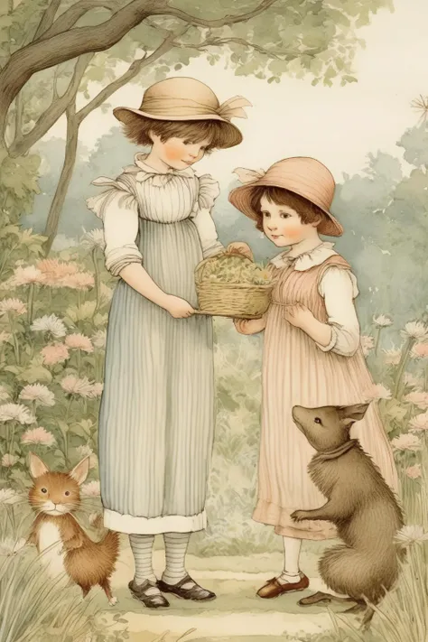 <lora:Randolph Caldecott Style:1>Randolph Caldecott Style - Illustration inspired by Kate Greenaway, depicts scenes of idyllic childhood with children dressed in late 18th and early 19th-century clothing. pastel color palette and detailed botanical backgrounds. children in innocent poses in natural settings such as gardens and meadows and often include whimsical elements such as fairies and animals