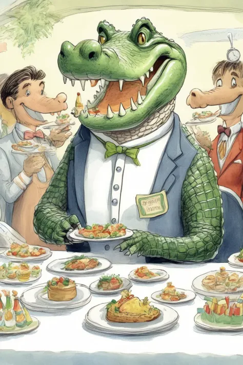 <lora:Randolph Caldecott Style:1>Randolph Caldecott Style - a friendly alligator being served food at a catering party. The alligator is looking at his watch watch and eating food.