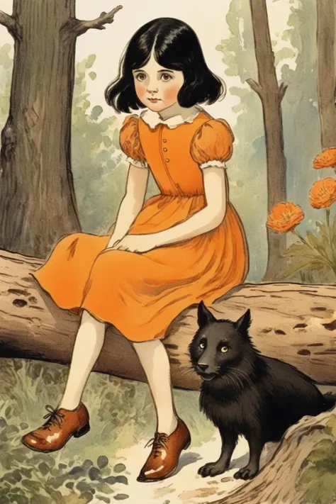 <lora:Randolph Caldecott Style:1>Randolph Caldecott Style - a girl of 8 years, black hair, orange dress, brown shoes, eyes shining with curiosity, close up, in forest, sitting on a log, comfortable, flowers around in style of Randolph Caldecott book illustration