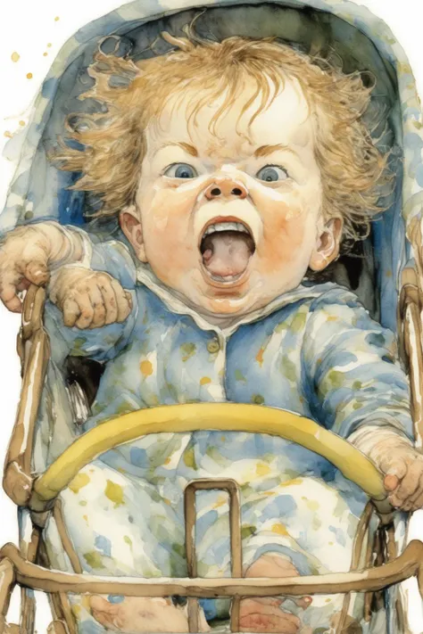 <lora:Randolph Caldecott Style:1>Randolph Caldecott Style - imagine a close-up shot of the baby in the pram. style of shirley hughes - angry child throwing toys out of pram. The baby's face is in sharp focus, capturing their expression of glee and mischief. The style should be hyper-realistic, with every detail of the baby's face and the toy captured in high resolution. The lighting should be soft and diffused, creating a warm and inviting atmosphere. The composition should be a tight shot, focusing on the baby and the toy, with a shallow depth of field to blur the background.