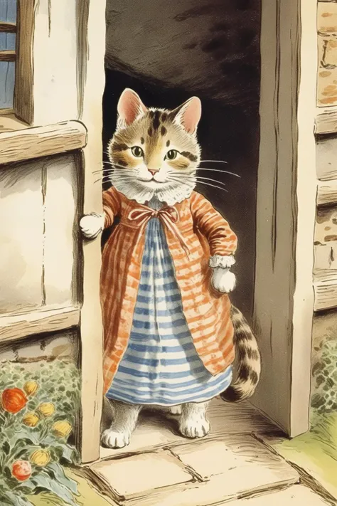 <lora:Randolph Caldecott Style:1>Randolph Caldecott Style - vintage illustration Beatrix Potter style of a cat in a dress and bonnet, walking through a cottage door