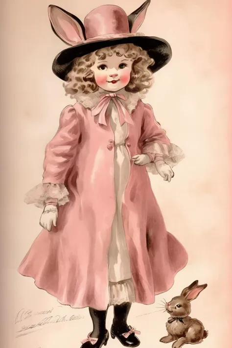 <lora:Randolph Caldecott Style:1>Randolph Caldecott Style - Costume sketch. Bunny girl. Girl 5 years old. Pretty, curly hair. Long silk dress, lace petticoat, velvet jacket, jabot collar. Hat with ears. patent leather shoes. Dusted tones - pink and beige. Retro. Vintage. Early 20th century.