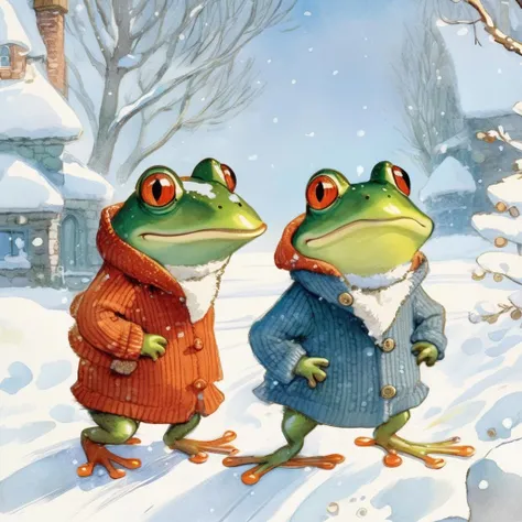masterpiece, best quality, (intricate details), hyper detailed, sharp focus, remarkable color, ((cute)) 2 frogs, wears sweater, dressed in winter clothing, walking on snow, snowy day, cozy children's book illustration, in style of Randolph Caldecott book illustration, Randolph Caldecott Style <lora:Randolph Caldecott Style:1>