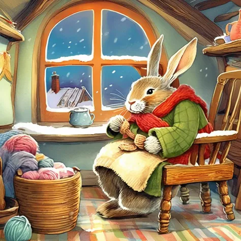 Randolph Caldecott Style -(cartoon:1.2) 1 rabbit sitting in a comfy chair , knitting a blanket ,basket of wool on the floor, heating stove, in cozy log cottage, snowy window, winter, kids storybook illustration, (colorful illustrations:1.4), magazine illustrations, (dynamic pose), detailed, intricate, beautiful, gorgeous stunning, cinematic, epic ,remarkable color, in style of Randolph and Beatrix Potter book illustration <lora:Randolph Caldecott Style:1>