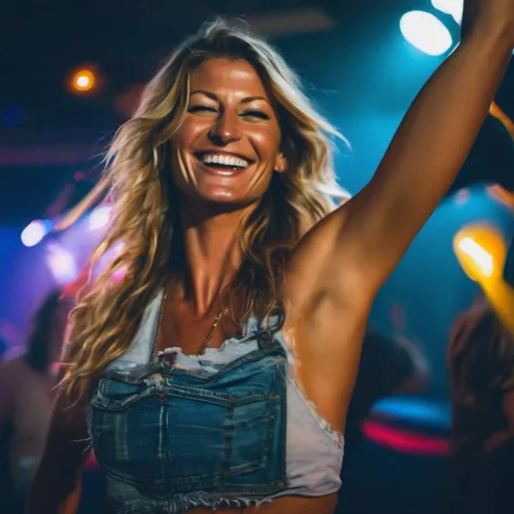 (embedding:GiseleBündchen:.9) a close up Portrait photo of a woman, dancing hands in the air, smile, party mood, Detailed face, holding a beer (perfect blue eyes), (highly detailed skin:1.1), perfect body, wearing t-shirt, ripped jeans, Professional Photography, neon lights, PHOTOREALISTIC, Realistic, standing in a dark studio background, blurred background, volumetric fog, RAW, analog style, sharp focus, 8k, HD, DSLR, high quality, Fujifilm XT3, film grain, award winning, masterpiece