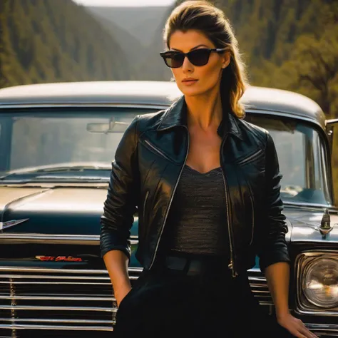 (embedding:GiseleBündchen:.9) a woman with a crew cut hairstyle with black fade hair and bangs!!!!!!, with nerdy glasses, in a vintage chevy vintage chevy vintage cabin, in luxury advertisement, rim lighting, dramatic backlighting, beautiful detailed eyes, by ross tran, by larry elmore, by frank frazetta, by clyde, by ivan aivazovsky, by peter palombi