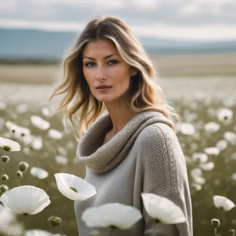 (embedding:GiseleBündchen:.9) elegant woman, on a (white poppy field:1.2), wearing a (cowl-neck-sweater), (flowering-landscape), (realistic, photo-realistic:1.37), ultra high res, ultra-detailed, incredibly beautiful girl, 8k uhd, dslr, soft lighting, high quality, film grain, Fujifilm XT3