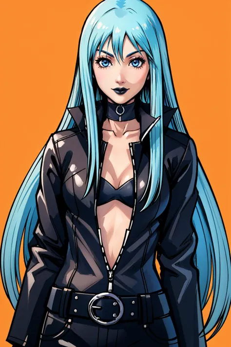 masterpiece, best quality, 1girl, solo, <lora:nemissa-sh-richy-v1:1> nemissa, black lips, choker, bodysuit, bra, belt, standing, smirk, looking to the side