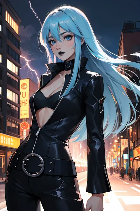 <lora:nemissa-sh-richy-v1:1> nemissa, black lips, choker, bodysuit, bra, belt
masterpiece, best quality, absurdres, beautiful, cyberpunk city, night, city streets, casting spell, ((lightning))