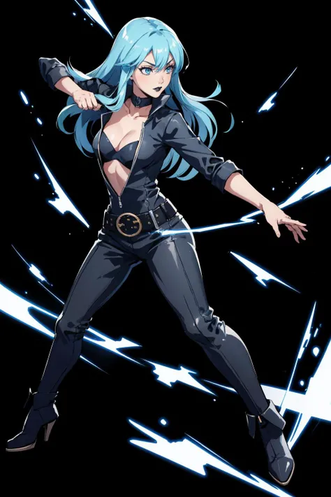<lora:nemissa-sh-richy-v1:1> nemissa, black lips, choker, bodysuit, bra, belt,
masterpiece, best quality, absurdres, beautiful, <lora:FEH_Concept_v2:0.9> feh, black background, simple background, 1girl, dynamic pose, action shot, fighting stance, full body, lightning