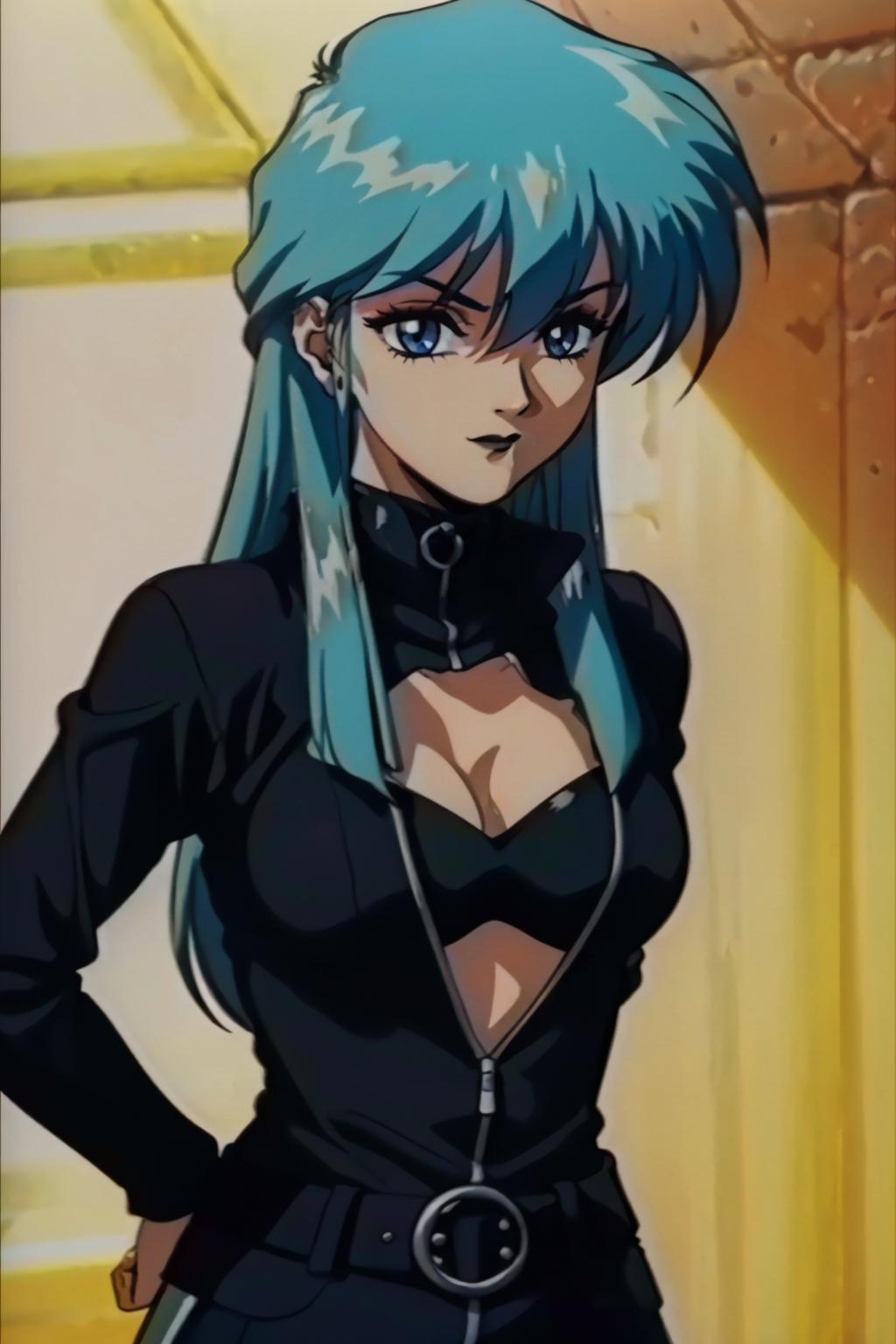 A close up of a person with blue hair and a black top - SeaArt AI
