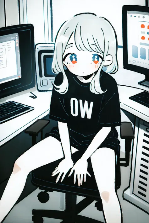 masterpiece, best quality, <lora:keke:1> <lora:epiNoiseoffset_v3:1> <lora:add_detail:0> <lora:GoodHands-vanilla:1>, symbol-shaped pupils, colorful, flat color, (1girl), (solo), looking at viewer, facing viewer, casual, <lora:battlestation:1.0>, battlestation, sitting on chair
