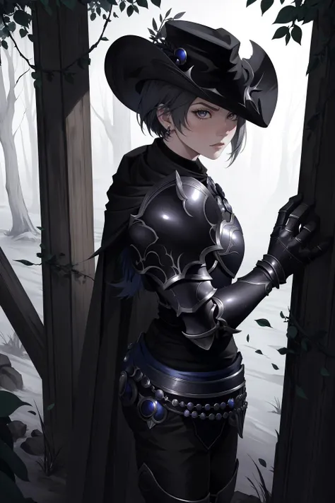 masterpiece, best quality, 1girl, zero, gray eyes, hat, black cape, armor, gauntlets, boots, cowboy shot, looking at viewer, neutral expression, furrowed brow, from above, from side, looking up, side-eye, night, forest <lora:zero-nvwls-v1-000012:0.9>