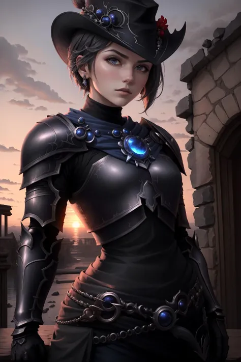 masterpiece, best quality, 1girl, zero, gray eyes, hat, black cape, armor, gauntlets, boots, upper body, looking at viewer, neutral expression, looking down, looking at viewer, from below, red sky, ruins <lora:zero-nvwls-v1-000012:0.9>