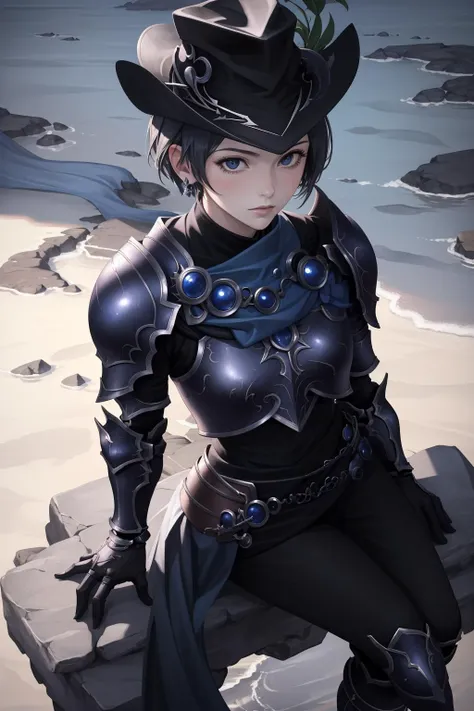 masterpiece, best quality, 1girl, zero, hat, black cape, armor, gauntlets, upper body, looking at viewer, neutral expression, looking up, sitting, from above, wasteland <lora:zero-nvwls-v1-000012:0.9>