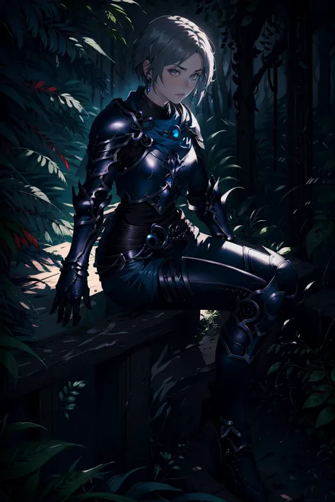masterpiece, best quality, 1girl, zero, gray eyes, black cape, armor, gauntlets, boots, looking at viewer, neutral expression, looking at viewer, sitting, night, forest <lora:zero-nvwls-v1-000012:0.9>
