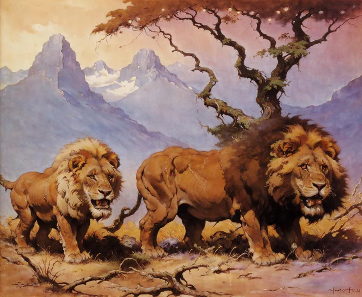 <lora:Frazetta:0.75>Frazetta yetti lion forest