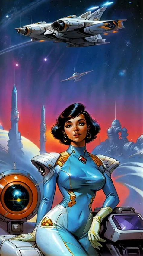 warier woman in space, space suite , space ships flying in the back ,in the style of frank frazetta syd mead <lora:Frazetta:0.6> <lora:concept_art_syd_mead:0.8>