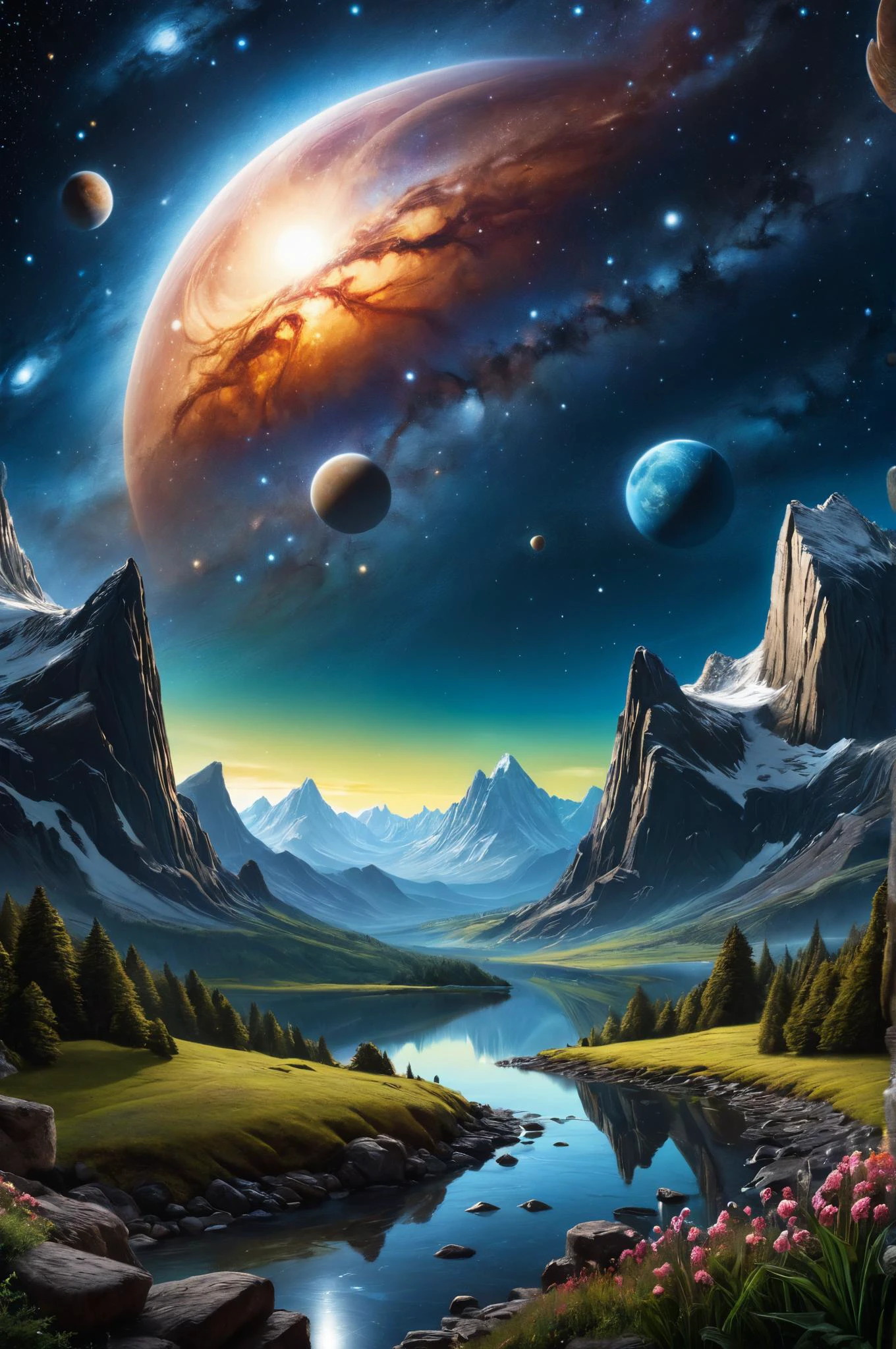 Mythical Nightscape,((masterpiece, high quality, best quality, 8k, wallpaper, fine lineart, highly detailed)),magical style land art style,vivid colors,intricate details,realistic style,oil paintings,acrylic paintings,watercolor paintings,digital illustrations,mixed media pieces,sculptures casting shadows,dark cosmic sky,photorealistic,extreme detail,lifelike,crisp,precise,astronomy photo,<lora:ral-plymbl-sdxl:0.9>,ral-plymbl,