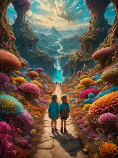 Wide angle digital photo,Two siblings filled with excitement,(Epic journey through a fantastical realm:1.3),Vibrant colors,Otherworldly landscape,(Intricate details:1.2),Surreal elements,Adventurous spirit.,<lora:add_detail:0.8>,<lora:detailed_notrigger:1>,<lora:SDXLFaeTastic2400:1>,