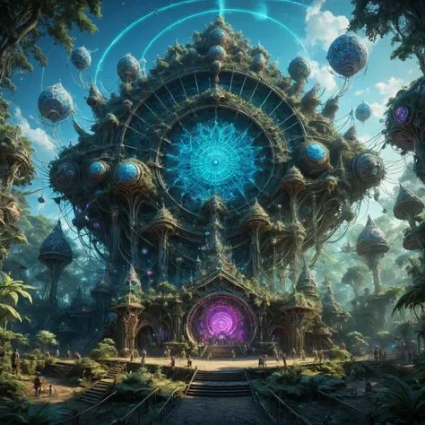 psychedelic trance festival with insane psychedelic stage design,massive speakers,huge sound system,subwoofers,lighting,lasers,holograms,projectors,decorations made from opal,bioluminescent,<lora:ral-frctlgmtry:0.6>,<lora:add-detail-xl:1>,in alien forest,ral-frctlgmtry,