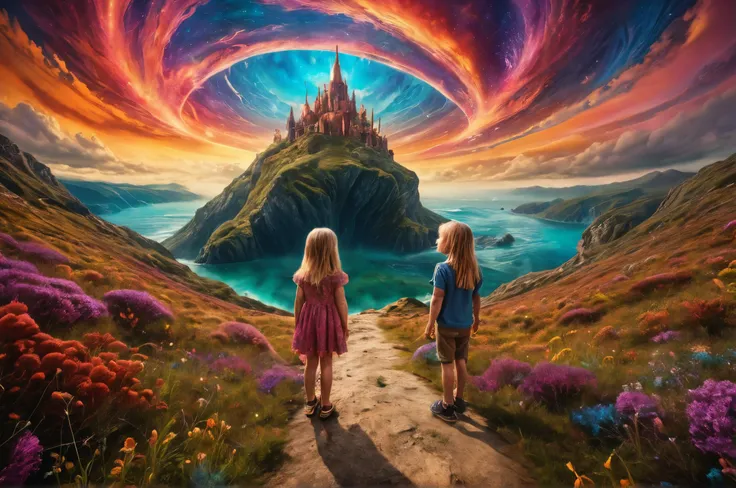 Wide angle digital photo,Two siblings filled with excitement,(Epic journey through a fantastical realm:1.3),Vibrant colors,Otherworldly landscape,(Intricate details:1.2),Surreal elements,Adventurous spirit.,<lora:add_detail:0.8>,<lora:detailed_notrigger:1>,<lora:SDXLFaeTastic2400:1>,