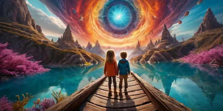 Wide angle digital photo,Two siblings filled with excitement,(Epic journey through a fantastical realm:1.3),Vibrant colors,Otherworldly landscape,(Intricate details:1.2),Surreal elements,Adventurous spirit.,<lora:add_detail:0.8>,<lora:detailed_notrigger:1>,<lora:SDXLFaeTastic2400:1>,