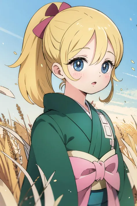 (ultra-detailed:1.3), (super fine illustration:1.2), (best quality:1.3), (masterpiece:1.3), (disheveled hair, beautiful detailed eyes:1.1), (high resolution),
1 girl,
<lora:keikoV1:0.7>keiko,
(kimono), hair blowing in the wind, wheat field background, blue sky,
cowboy shot