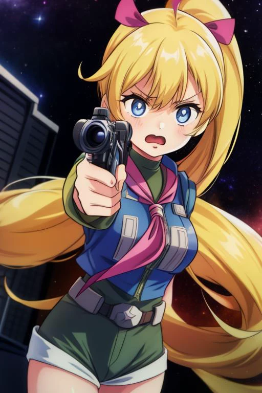 masterpiece, best quality, highres,1girl,<lora:keikoV1:0.7>,keiko,hold a gun,aiming,dynamic angle,in hangar,angry,scream,galaxy background,cowboy shot,<lora:GoodHands-vanilla:0.8> <lora:anmnr01:0.3> <lora:add_detail:0.5>