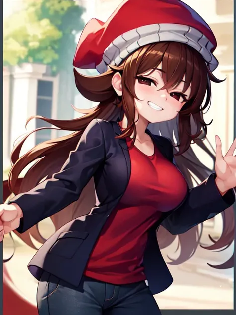 <lora:add_detail:0.23> <lora:HypnoLullabyGF-10:0.9> ((best quality)), ((masterpiece)), (detailed), absurdres, HDR, afternoon, park, chain walls, upper body, dumb expression, half-closed eyes, grin, HypnoLullabyGF, 1girl, hat, solo, brown hair, jacket, red headwear, pants, red shirt, black eyes, black jacket, large breasts, very long hair, detailed skin texture, (blush:0.2), (goosebumps:0.3), subsurface scattering