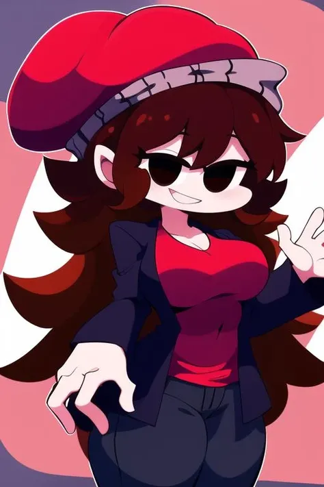 <lora:HypnoLullabyGF:1> HypnoLullabyGF, 1girl, hat, solo, brown hair, jacket, red headwear, pants, smile, red shirt, black eyes, open mouth, black jacket, large breasts, very long hair , looking at viewer