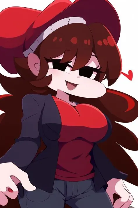 <lora:HypnoLullabyGF:1> HypnoLullabyGF, 1girl, hat, solo, brown hair, jacket, red headwear, pants, smile, red shirt, black eyes, open mouth, black jacket, large breasts, very long hair , looking at viewer