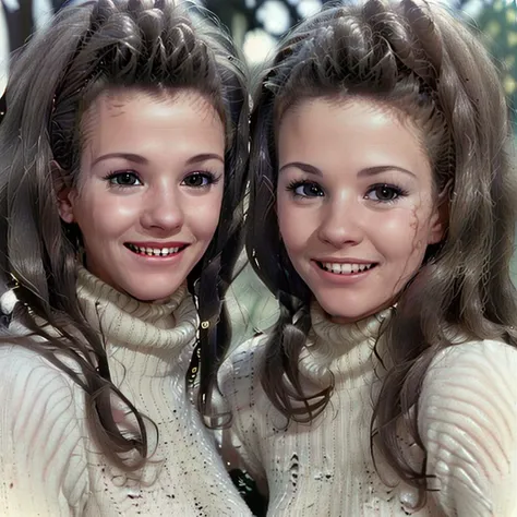 <lora:CollinsonTwins-15:1> collinsontwins smiling, extreme closeup, turtleneck sweater
