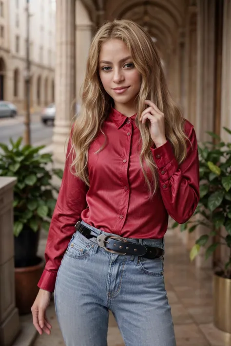 1girl, ((s84k1r4y0-smf)), <lora:Shakira_smf_lora_v01-000005:0.9>, solo, (beautiful long blonde hair, straight hair, stunning brown eyes, proud, slight smirk), (silk collared shirt:1.2), <lora:collaredShirt-000020:0.7>, <lora:baggy_jeans_v0.9:0.5>, jeans, belt, medium breasts, full body shot, photographed on a Fujifilm GFX 100, 80mm F/1.7 prime lens, cinematic film still, cinestill 500T, highly detailed, masterpiece, highest quality, intricately detailed <lora:add_detail:1.0>