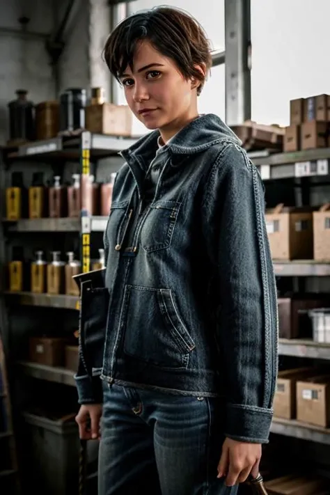 K1873W in a hardware shop, drills, mechanical, jumper, jeans <lora:KW3:1> masterpiece, best quality, detailed face , 1girl, realistic, solo,k1873w, short_hair, black_hair